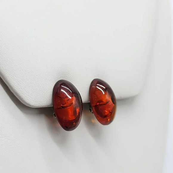 Faux Amber Acrylic Cabochon Oval Clip Earrings Vintage - Picture 3 of 4